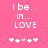 Pixelated pink background with white text "I be... in... LOVE" and five heart symbols below, where the third heart is light pink.