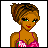 Pixel art buddy icon featuring a cartoon woman with brown skin, green eyes, and curly hair in a pink swimsuit next to blue text reading "African Sweet" on white background.