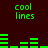 Green pixelated text and bar graphs on dark red background with repeated 'cool lines' text and animated bar movements.