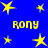 Blue background with yellow stars and repeated text 'rony' in pixelated font.