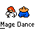 Pixel art animation of two characters dancing, one with orange hair in white clothing, the other with orange hair in blue clothing, against a gray background.