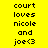 Yellow and olive green pixelated text displays 'court loves nicole and joe<3' on two adjacent with black space below