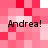 Pixelated pink and red checkered background with four instances of the text 'Andrea!' in black pixelated font.