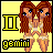 Pixel art of a twin figure with long brown hair, blue eyes, and light skin against a yellow background, labeled 'II gemini' in bold text.