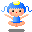 Pixelated cartoon character with blue hair and red cheeks in four variations showing different head accessories, mouth shapes, and arm positions.