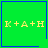 Green square with blue border containing yellow text K+A+H and small symbols in bottom-right corners.