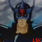 Animated sequence showing armored figures with red gem helmets, transitioning to a character with long hair and a dark outfit against a purple and white background.