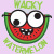 Pixelated watermelon slice with large eyes, glasses, and a toothy grin on light purple background; text elements include 'WACKY' above, 'Wacky' to the right, and 'WATERMELON' below.