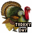 Animated turkey icon with 'TURKEY DAY' text, displaying sequential green pixel changes in the word 'TURKEY'.