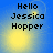 Blue background with yellow gradient glow and pixelated text reading Hello Jessica Hopper in four