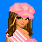 Pixel art image of a character with pink cotton candy hat and striped top, holding large pink cotton candy against blue background with text elements.
