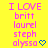 Yellow background with pink text listing names beneath 'I LOVE' and small blue or gray symbols below the last name in each