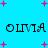 Pixelated text 'OLIVIA' repeated twice on a cyan background with scattered pink plus signs, no visible animation changes.