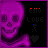 Purple skeleton with glowing eyes and a wide grin, set against black background with red text elements.