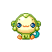 Pixelated green creature with blue eyes and orange mouth, holding a cyan object against gray background.