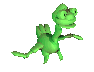 Green cartoon dinosaur with large eyes and a small crest stands against a gray background, displaying sequential pose changes.