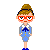 Pixel art character with brown bun, red glasses, blue dress, and gray jacket standing against light gray background.