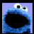 A 4-frame animated contact sheet showing a pixelated Cookie Monster face with blue text on black background reading "C is for cookies and cookies are for ME".