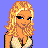 Pixelated image of a blonde woman with blue eyes, partial torso view, and brown patterned pants against purple background.
