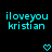 Two identical cyan pixelated text blocks reading "iloveyou kristian" with cyan heart symbols below on a black background.