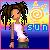 Pixelated image of a person with dark curly hair wearing white top and patterned shorts, standing against colorful gradient background with 'sun' text.