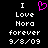 Pixelated text reads 'I Love Nora forever 9/8/09' with a pink heart symbol replacing the word 'love' in the left view.