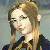 Pixelated avatar of a person with long light brown hair in various poses, wearing dark clothing with gold accents against gray background.