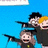 Pixelated animation of three cartoon characters holding guns against a blue background, with text changing from blank to 'SHOOT HIM!' in white block letters.