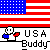 Pixelated American flag background with a cartoon character holding red and blue objects, labeled 'USA Buddy' in blocky text.