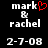 Two side-by-side pixelated text displays on black background, each showing 'mark & rachel' with date '2-7-08', one featuring a red heart symbol replacing the ampersand.
