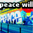 Animated icon with text 'peace will NEVER happen' over a colorful background featuring blue water, red and yellow sky elements, and white stylized shapes.