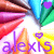 Pixelated icon with colorful abstract shapes and purple text 'alexis' at the bottom, featuring a heart symbol above the text.