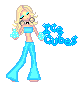 Pixel art of a blonde female character in blue outfit holding a microphone, with 'Ice Cubes' text and blue cubes in two poses.
