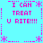 Pixelated cyan background with pink text and symbols arranged in a pattern, repeating 'I CAN TREAT U RITE!!!' with asterisks and dotted lines forming borders
