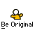 Pixelated yellow figure with white head and outstretched arms, displaying four variations of floating elements above its head against gray background.