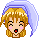 Pixel art avatar with blonde hair and light purple headscarf showing five distinct facial expressions