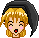 Pixel art avatar with blonde hair and black headscarf showing five facial expressions on gray background.