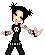Pixel art character with spiky black hair, yellow face, and punk-style clothing against a gray background.