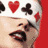A person's face partially covered by playing card symbols with red lips and a gray background in the bottom-right quadrant.