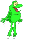 Green cartoon frog with yellow eyes and red mouth in three distinct poses against gray background