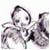 Pixelated grayscale image of a stylized figure with rounded head, large circular eyes, and abstract limbs against white background.