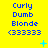 Yellow background with blue text reading "Curly Dumb Blonde <333333" repeated in a , small cyan stars scattered across the scene