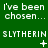 Green background with white pixelated text repeating 'I've been chosen...' and 'SLYTHERIN' in a pattern, showing animation changes in symbols and punctuation across frames