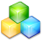 Three pixelated cubes in green, yellow, and blue arranged in a triangular formation against a gray background.