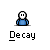 Pixelated blue figure in various poses above the word 'Decay' on gray background, transitioning from standing to decaying into small fragments.