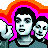 Pixelated animated contact sheet showing two frames of a Green Day-themed AIM buddy icon with stylized faces and rainbow background effects.