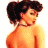 A pixelated image of a woman with dark curly hair styled in an updo, wearing a red choker necklace against a white background.