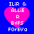 Four identical pixelated heart-shaped icons with pink fill and blue background, each containing stacked text in white block letters.