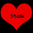 Two identical red heart shapes with black text "Stalk" centered on each, set against a solid black background.