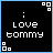 A 6-frame animated contact sheet of a pixel art buddy icon showing the text 'love tommy' with alternating blue and white lettering on black backgrounds, framed by light blue borders and small square corner elements.